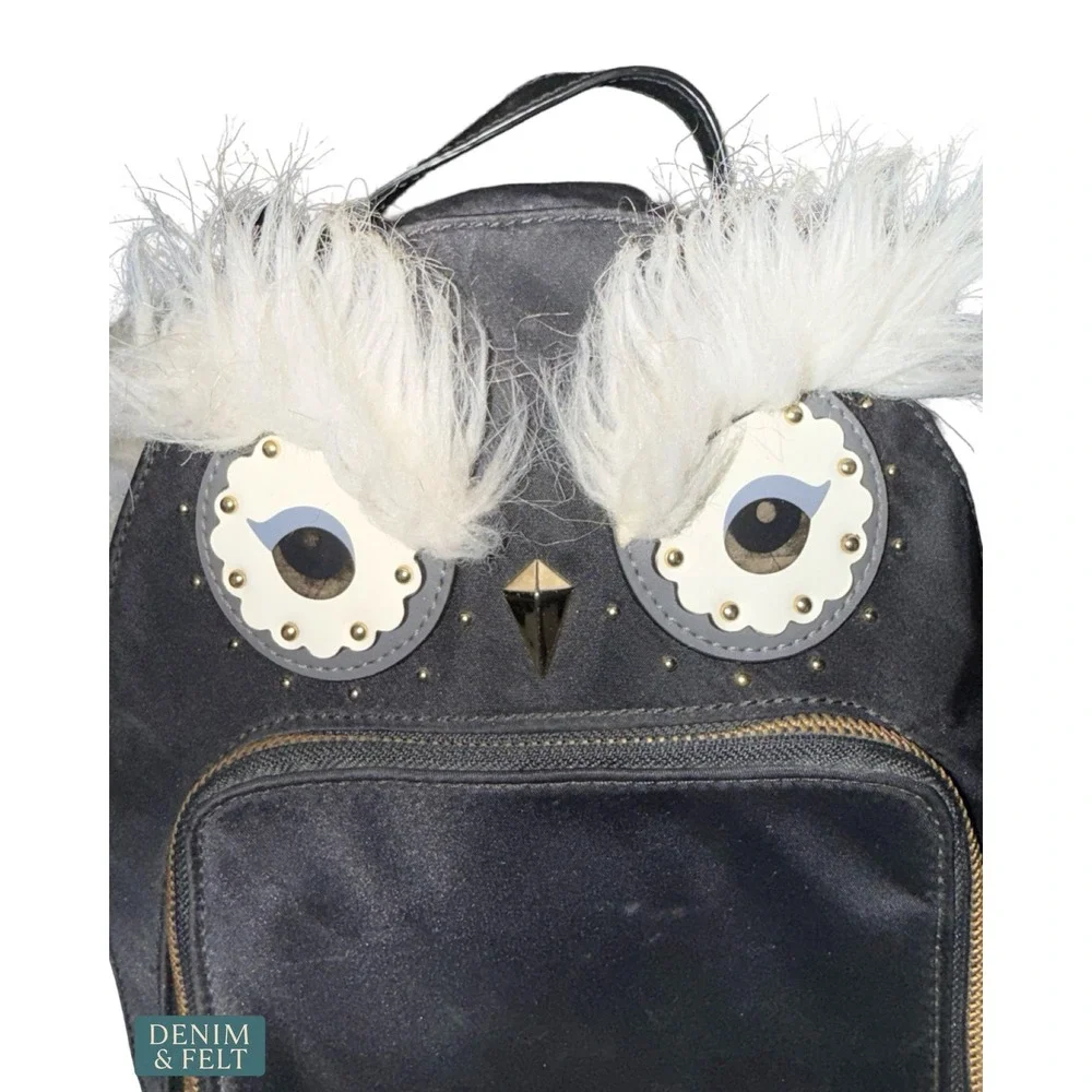 Kate Spade Owl Mini Backpack Novelty Black‎ Nylon Faux Fur Whimsical Animal Bag